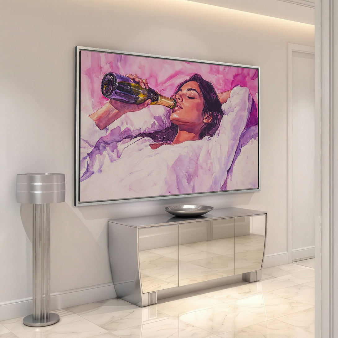 Framed Wall Art: Watercolor painting of woman drinking champagne in a pink and purple palette. Modern decor for a luxurious home.
