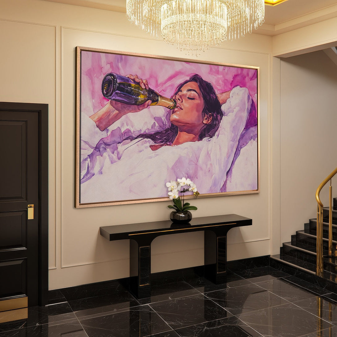 Framed Wall Art: Woman drinking champagne in watercolor style. Pink and purple hues. Perfect for luxury home decor.