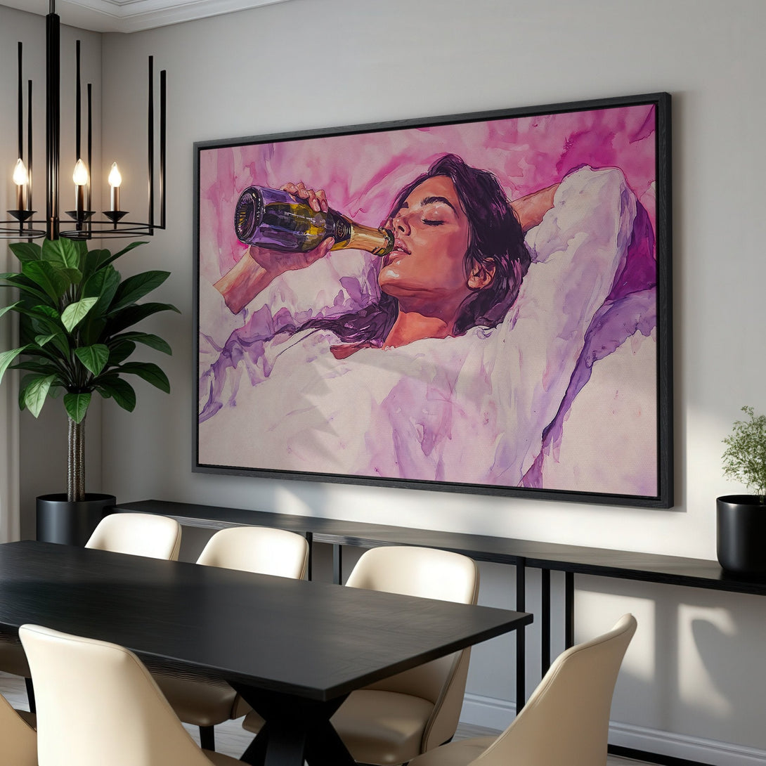 Framed Wall Art: Woman drinking champagne in watercolor style. Features a pink and purple color palette, perfect for adding a touch of elegance to any space.