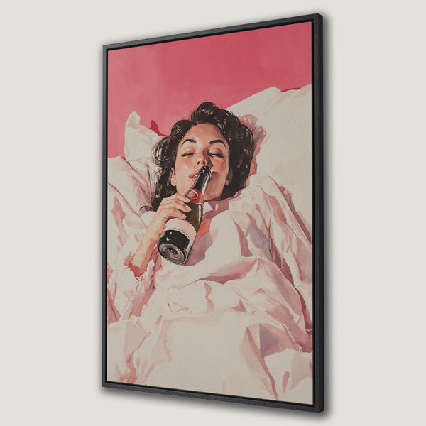 Framed Wall Art featuring a woman drinking from a bottle, painted in a soft, watercolor style. Warm pink and neutral color palette, perfect for bedroom decor.