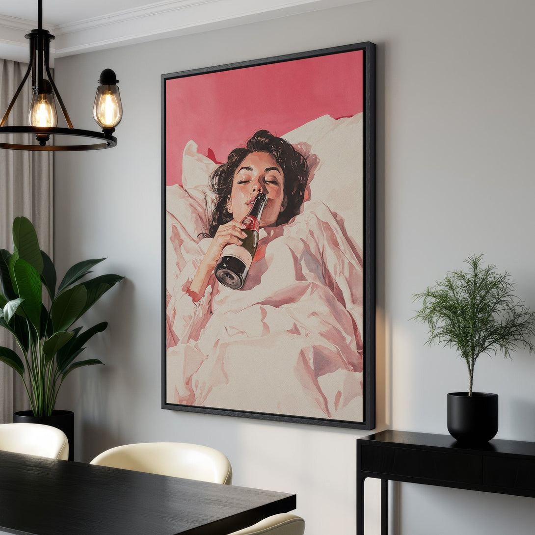 Framed Wall Art: Woman drinking champagne in bed. Modern, watercolor style Canvas Print with pink and cream color palette. Perfect for any room!