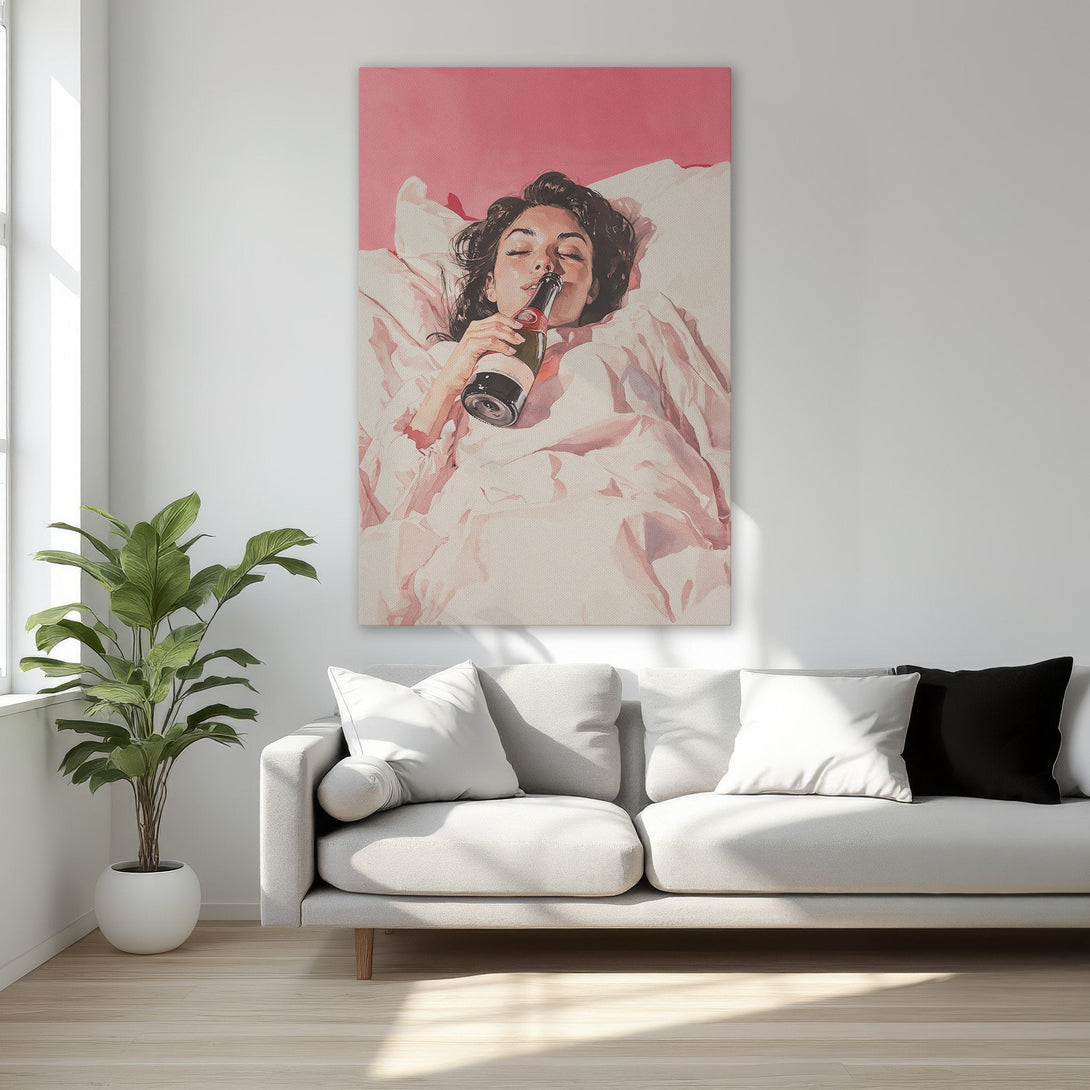 Framed Wall Art: Woman drinking champagne in bed, modern art style, pink and neutral color palette, perfect for bedroom decor.