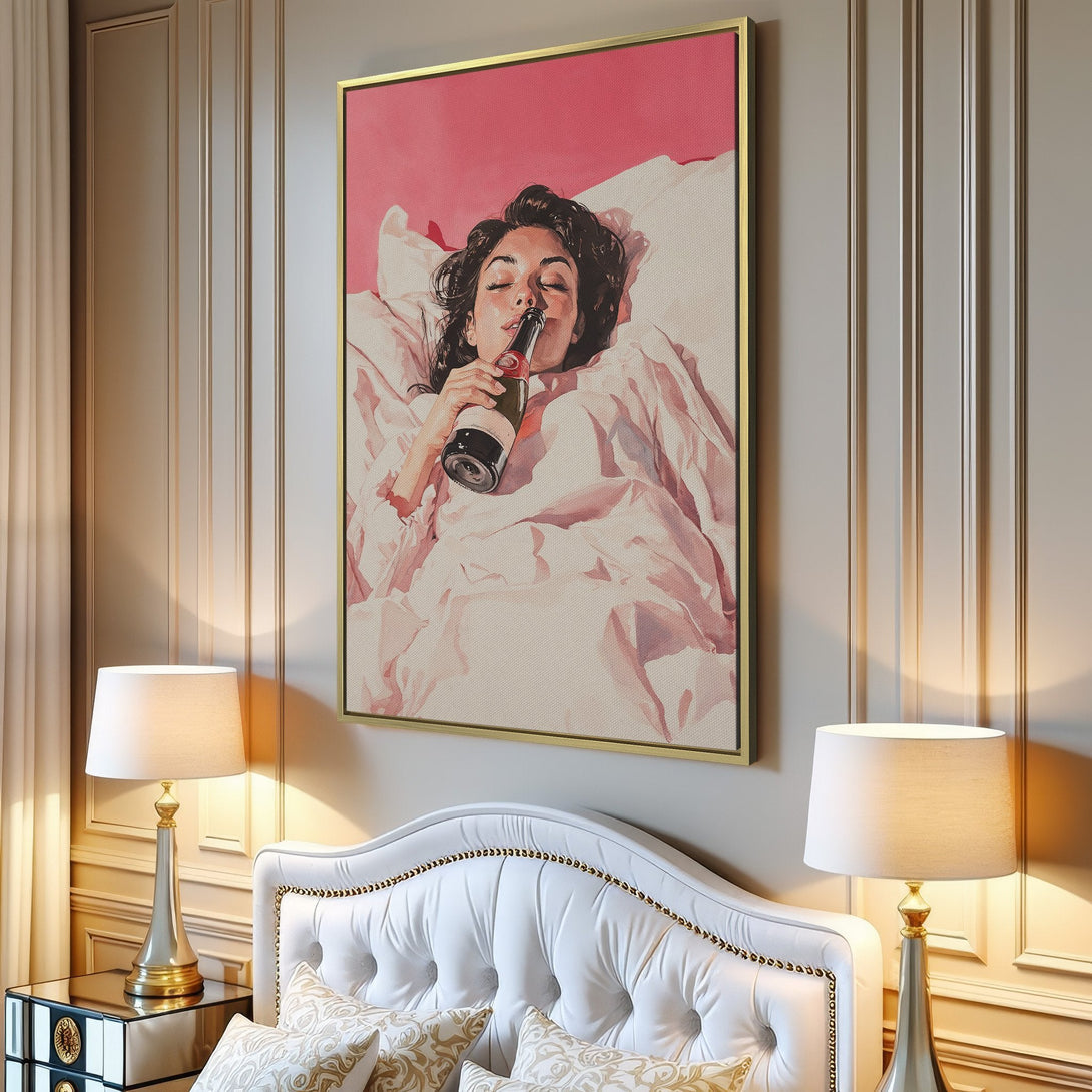 Canvas Print of a woman in bed drinking champagne, watercolor style, soft pink and neutral color palette. Perfect wall art!