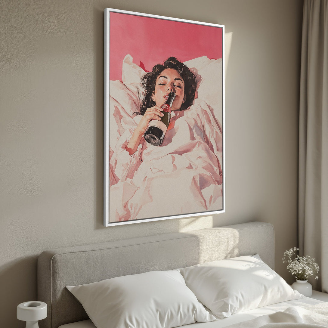 Framed Wall Art: Woman in bed enjoying champagne. Modern art print with pink and neutral color palette. Perfect for bedroom decor.