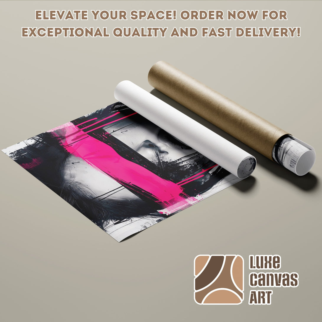 Abstract art poster roll with pink and black accents. Modern wall art for home decor. Order your poster today!