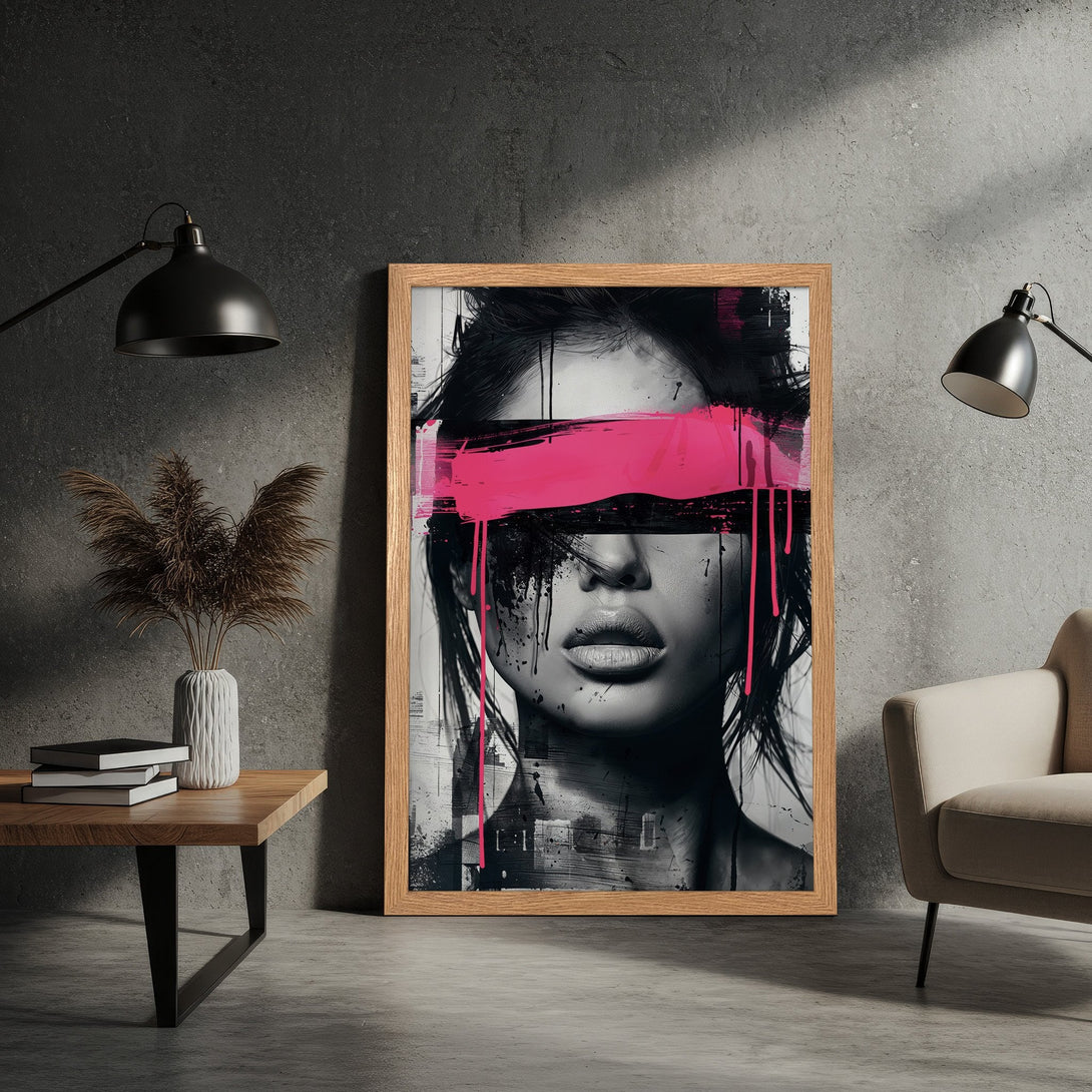 Framed Poster featuring a stylish woman with pink and black abstract art. Modern black & white art with a pop of color. Perfect wall decor.