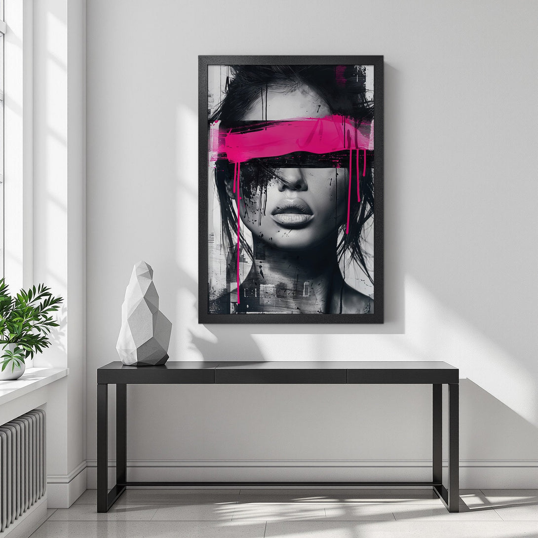 Framed Poster featuring a woman's face with a pink eye covering. Modern art style, black, white, and pink color palette. Perfect wall decor.