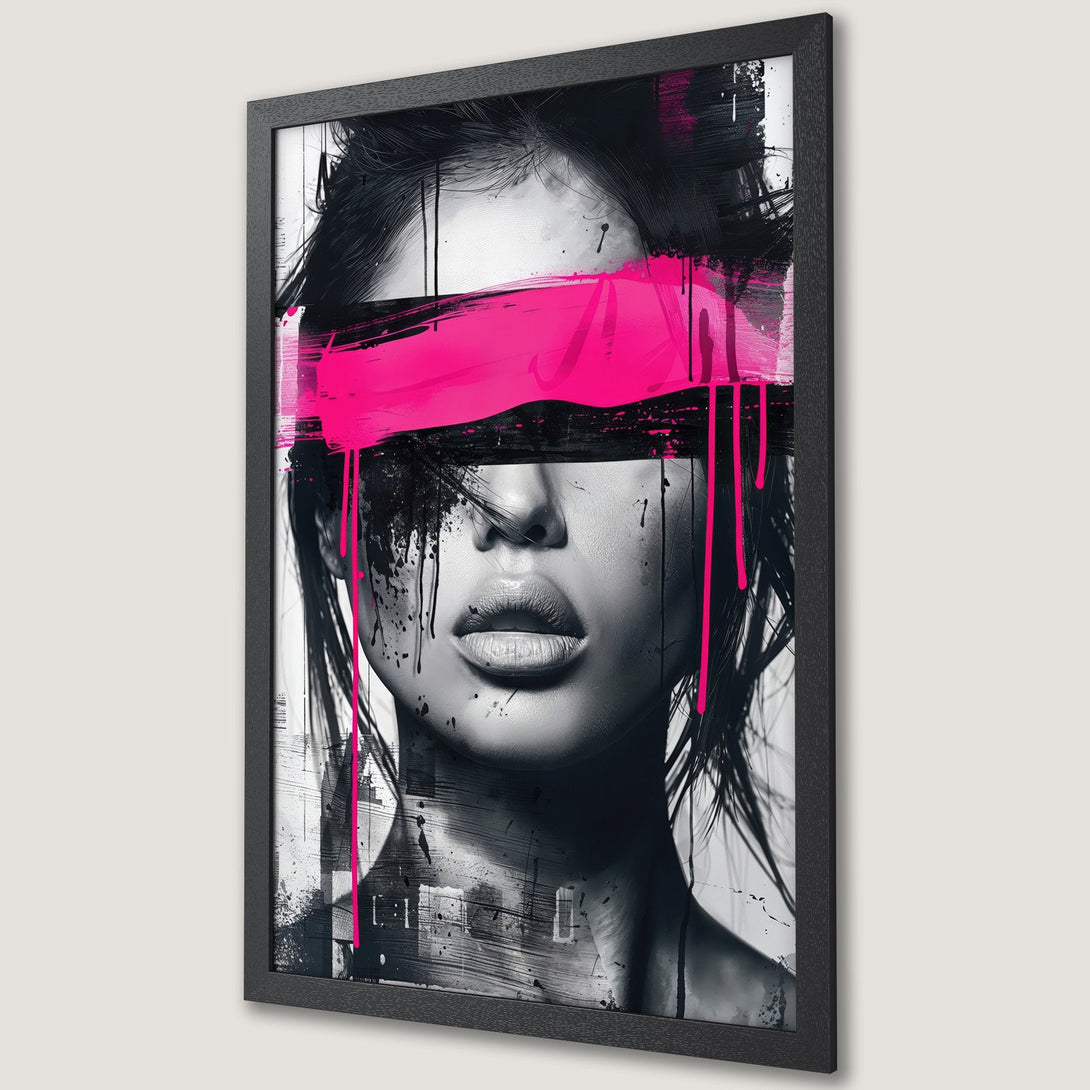 Framed Poster: Abstract portrait art in black, white, and neon pink. Modern wall decor for a bold statement. Shop this stunning Poster today!