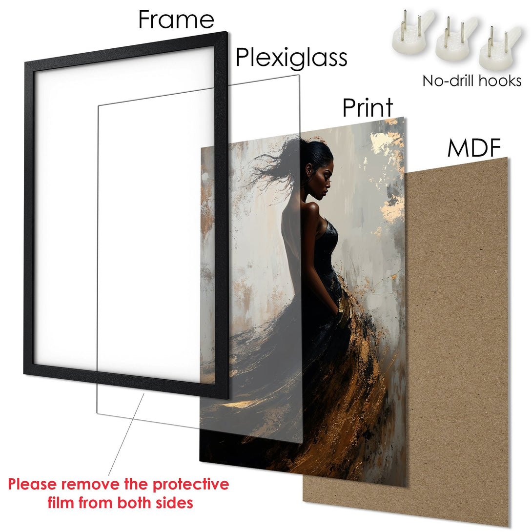 Framed Poster featuring an elegant woman in black dress, abstract style with gold and neutral tones. Elevate your space!