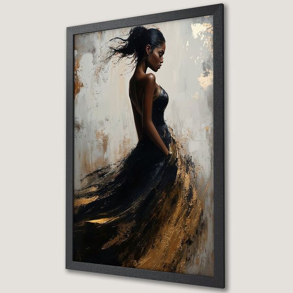 Framed Poster featuring an elegant woman in a black dress, abstract style with gold and neutral color palette. Perfect wall art.