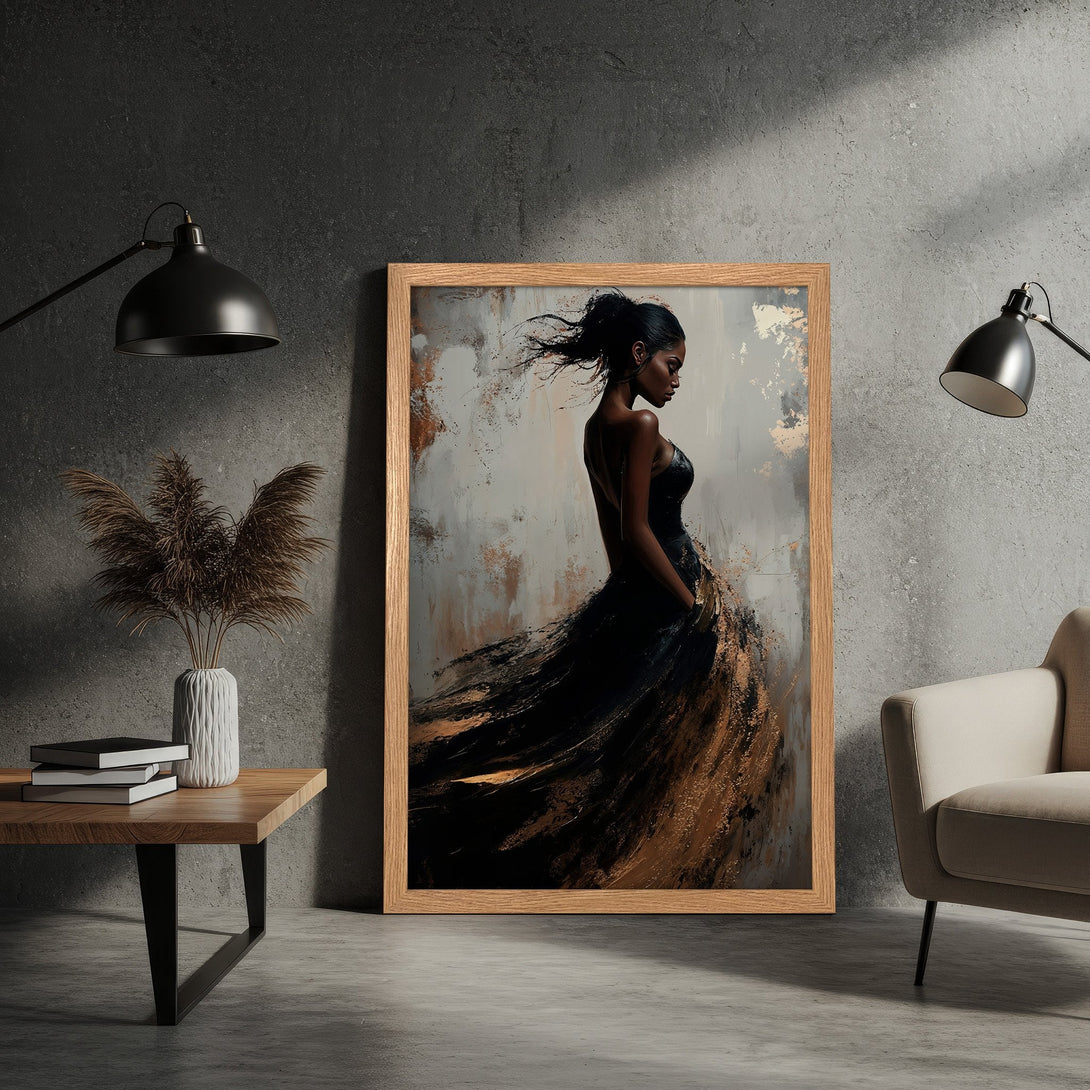 Framed Poster featuring an elegant woman in a black dress, abstract style, with a neutral and gold color palette. Perfect wall art!