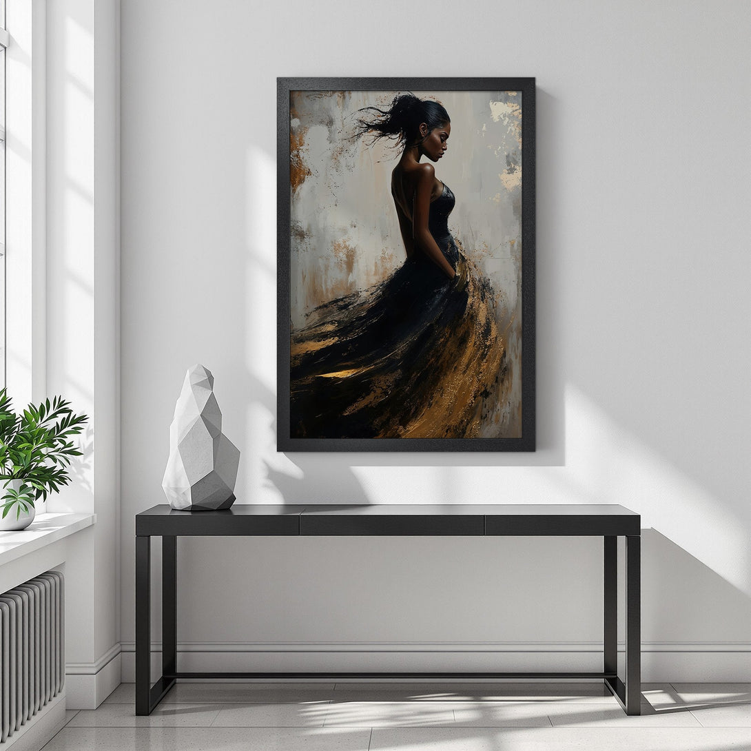 Framed Poster of elegant woman in black dress, abstract style, gold & neutral color palette, perfect wall art.