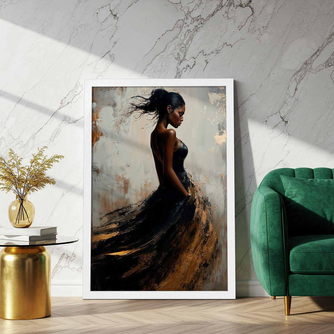 Framed Poster featuring a woman in a black gown, abstract style, gold & black palette. Elevate your space with this stunning art print.