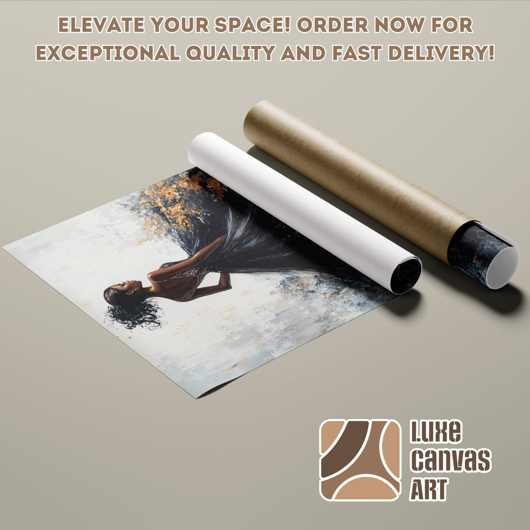 Poster Roll featuring an elegant woman in black dress, abstract style, gold & neutral color palette. Order now!