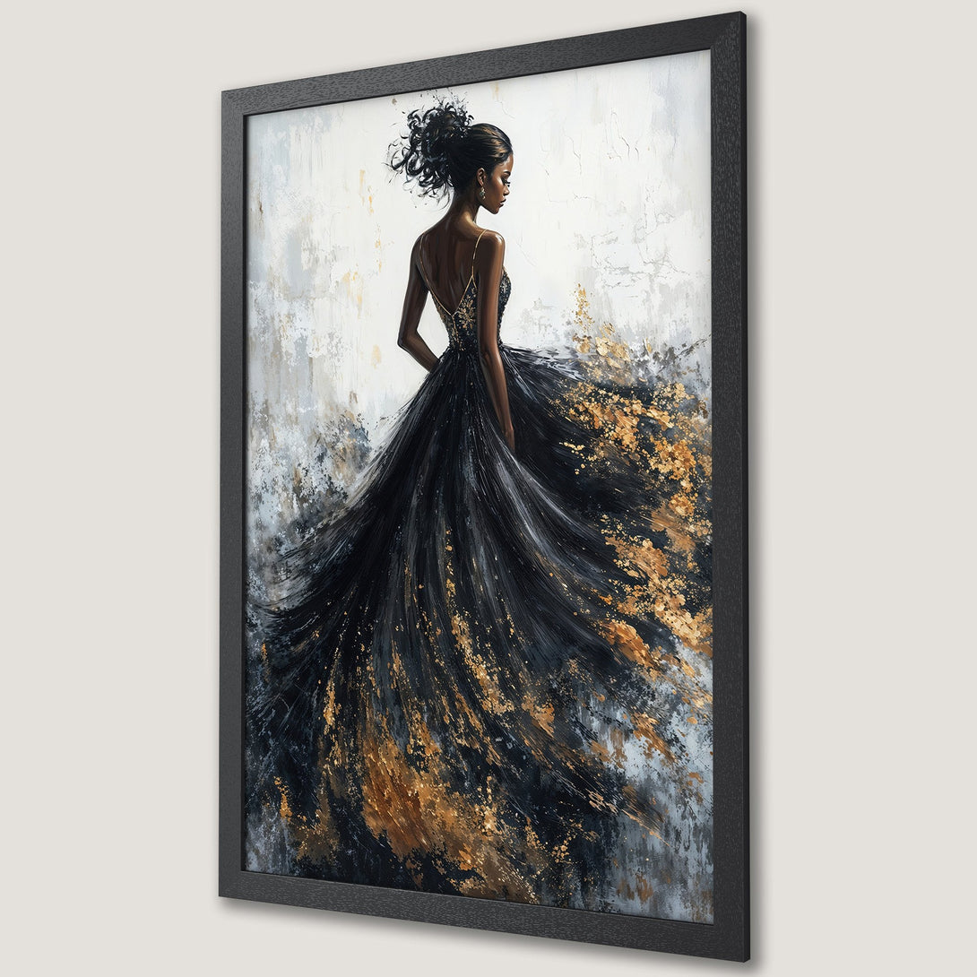 Framed Poster of a woman in a flowing black dress with gold accents. Abstract art style, elegant design, neutral and gold color palette.