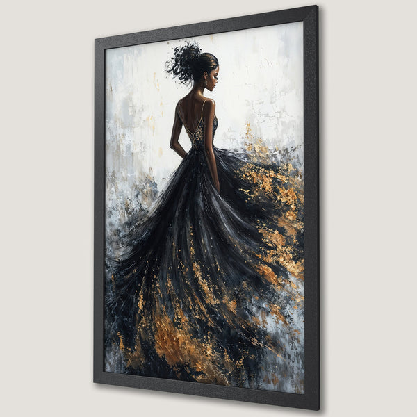 Framed Poster of a woman in a flowing black dress with gold accents. Abstract art style, elegant design, neutral and gold color palette.