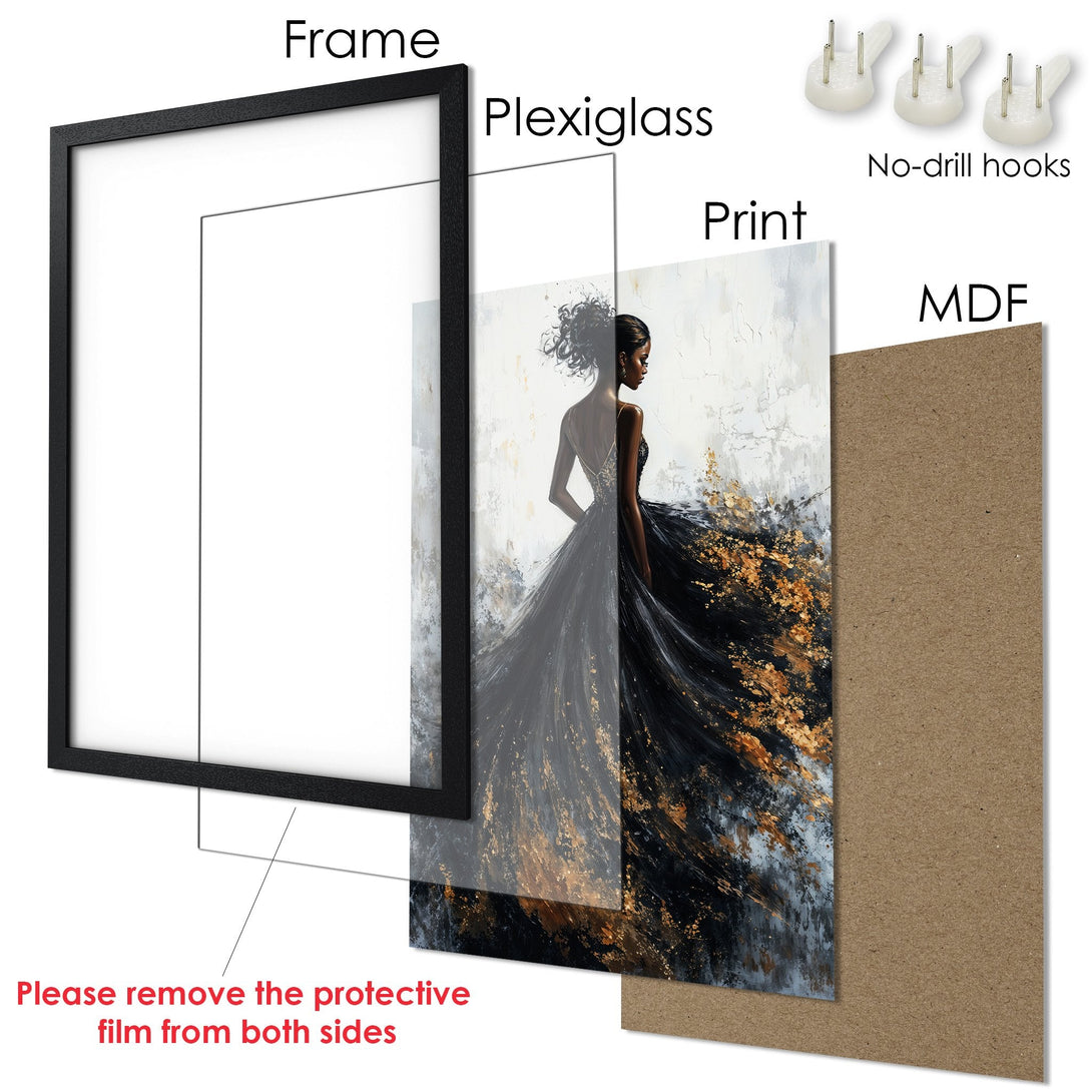 Framed Poster featuring a woman in a flowing black dress, abstract style, with a black, gold, and white color palette. Ready to hang!