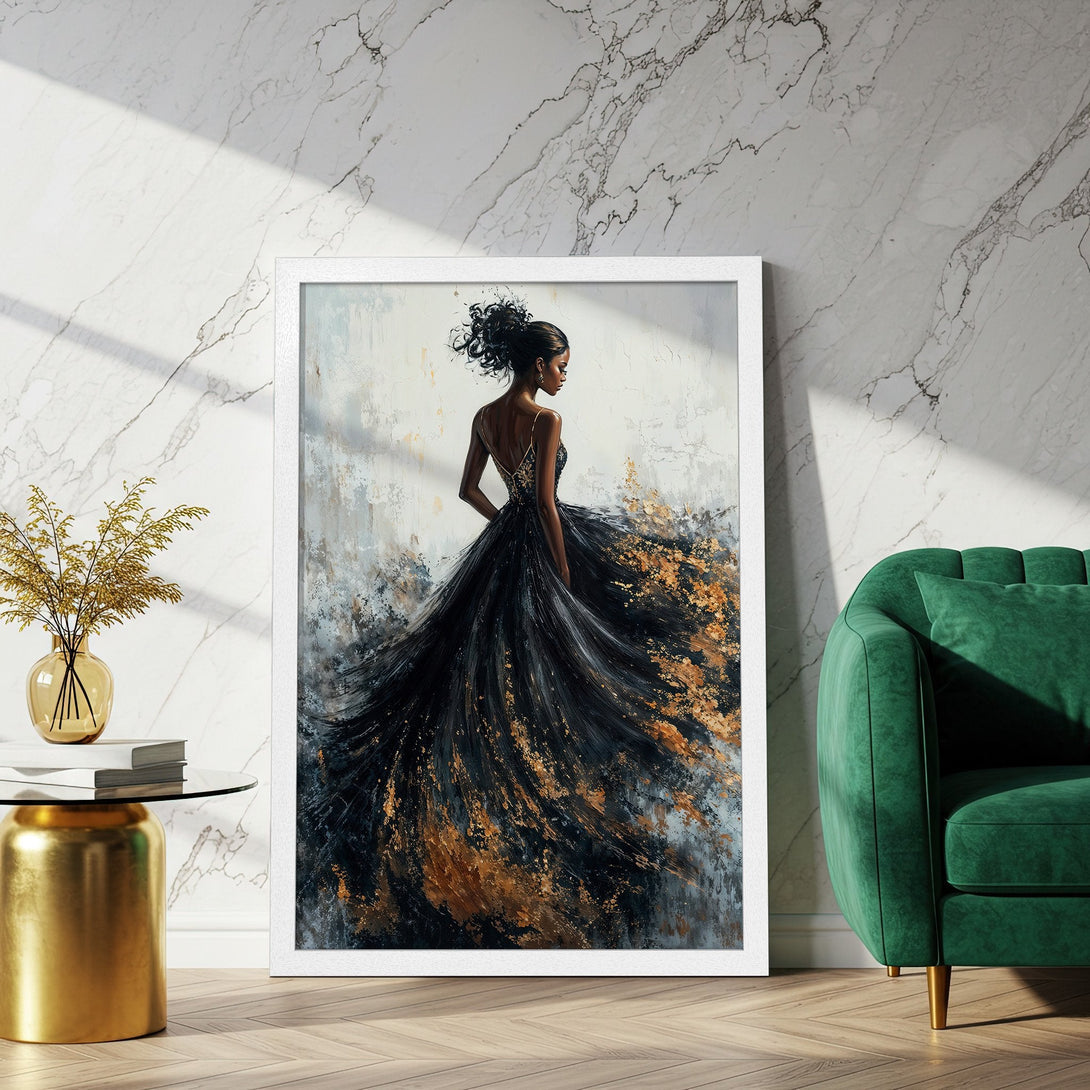 Framed Poster of elegant woman in black dress, abstract art style, with gold accents. Perfect wall decor!