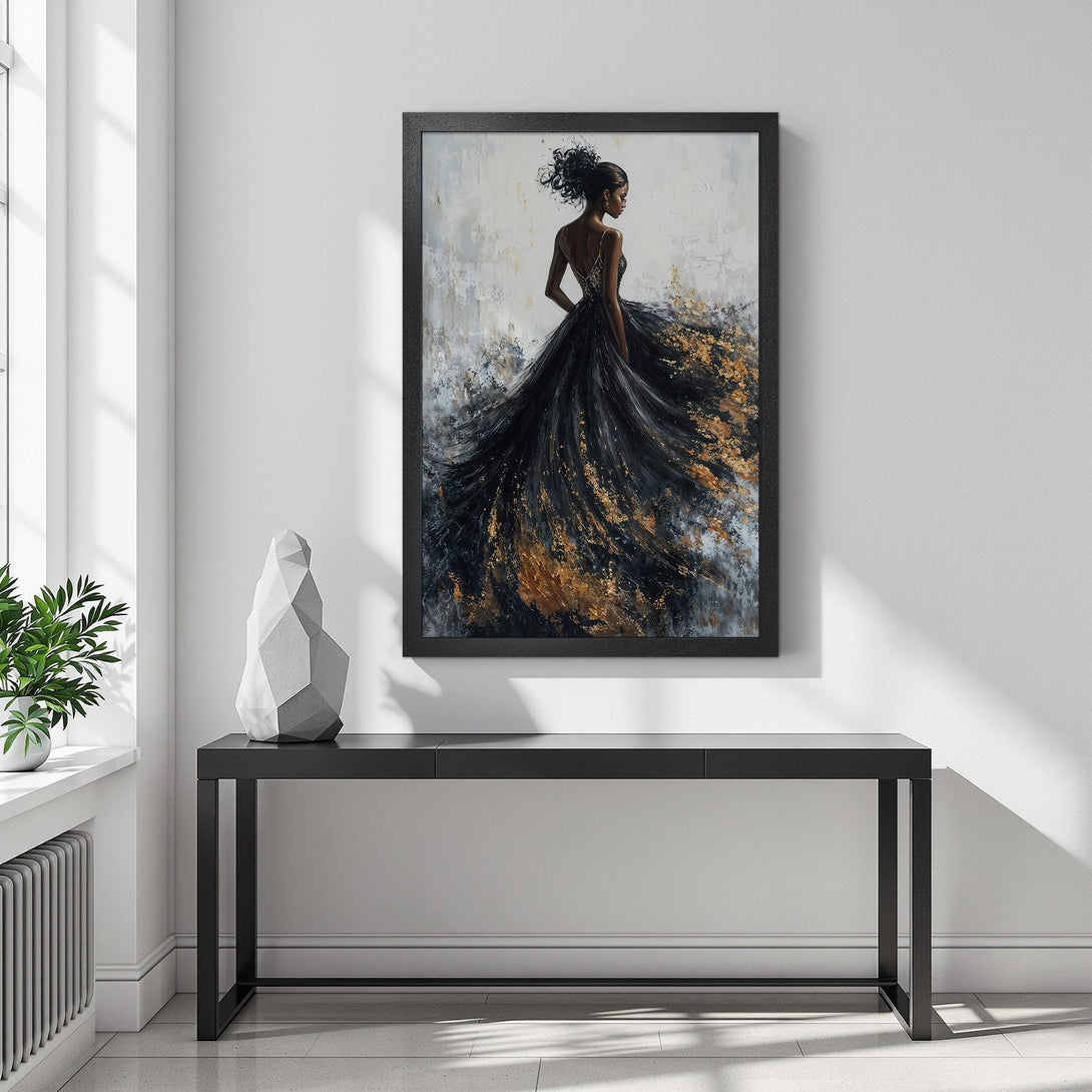 Framed Poster of elegant woman in black dress, gold accents, and neutral color palette. Perfect art for your home!