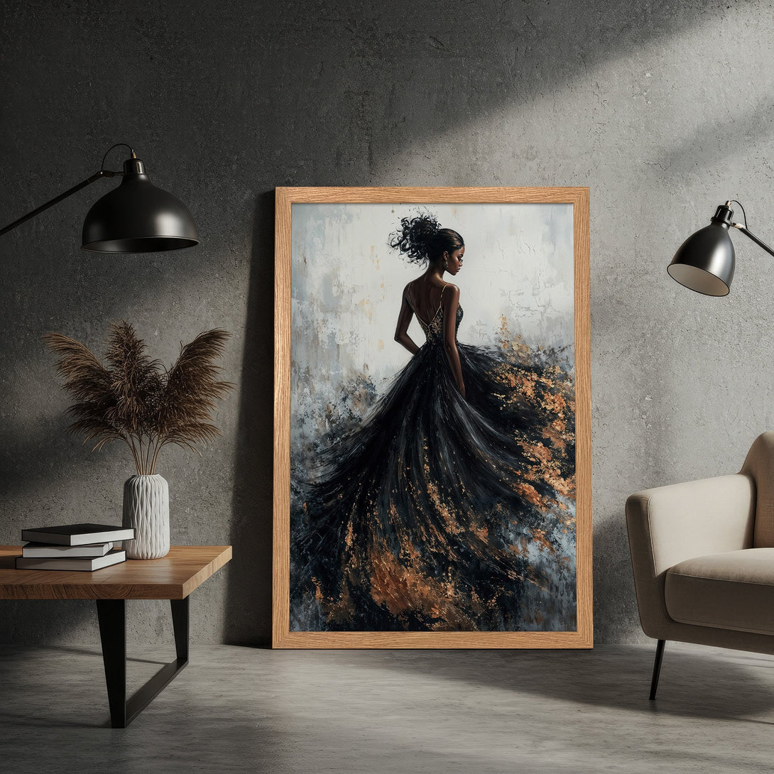 Framed Poster featuring a woman in a black dress, abstract style with gold accents on a neutral palette. Perfect wall art!