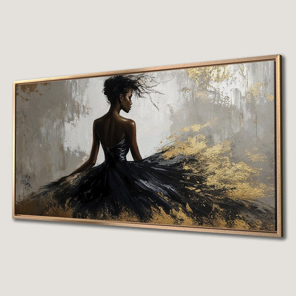 Framed Wall Art: Elegant woman in black dress, abstract style, gold & gray palette. Perfect for modern home decor. Canvas Print available.