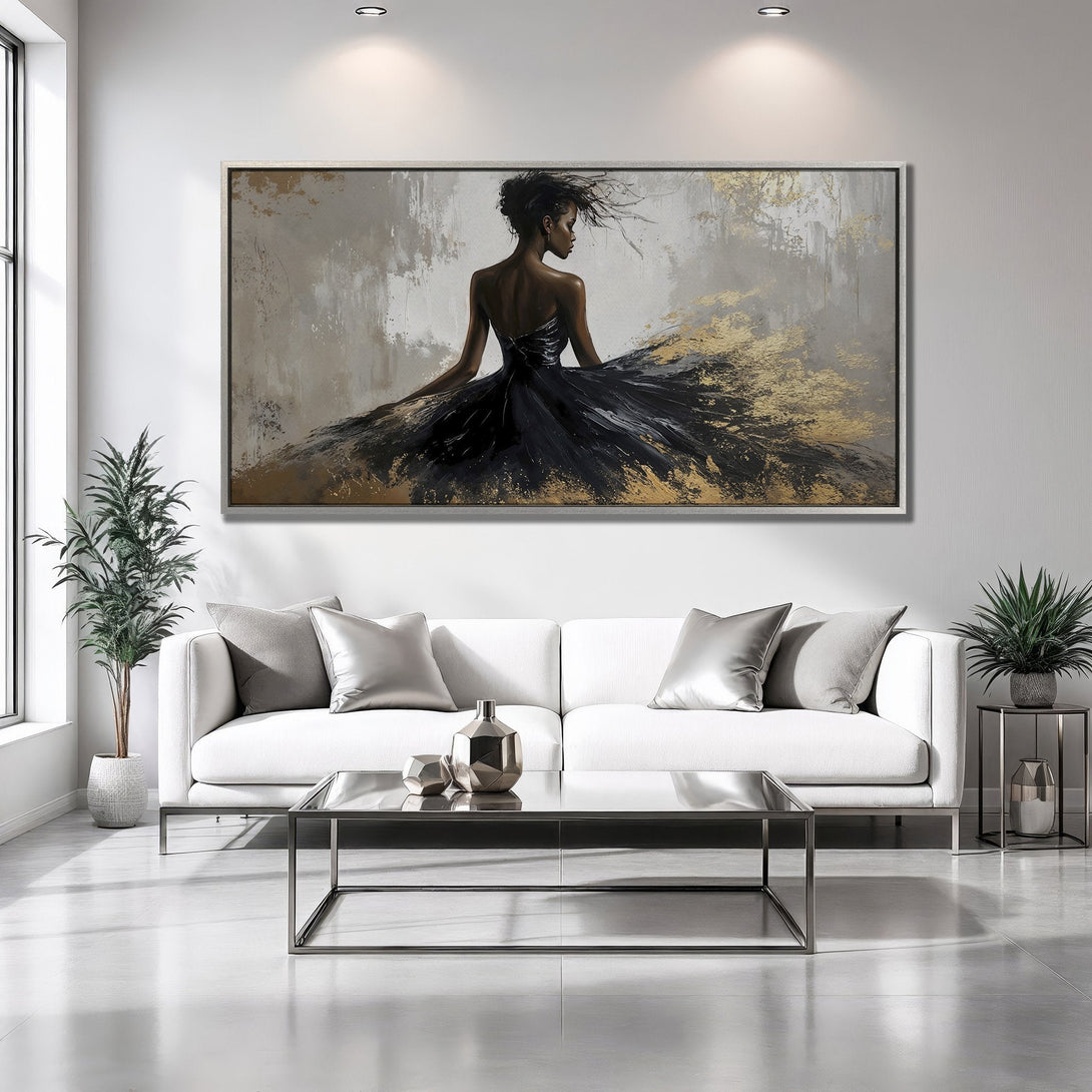 Framed Wall Art: Abstract woman in black dress with gold accents. Modern art print in neutral and gold tones, perfect for elegant decor.