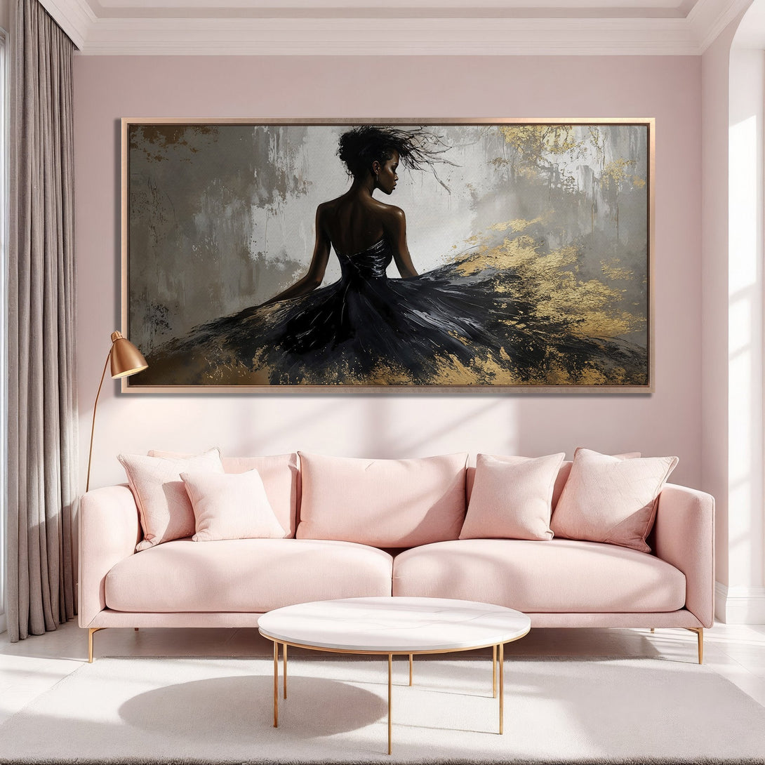 Framed Wall Art: Elegant black dress painting with gold accents. Perfect for adding a touch of luxury to your home decor. Neutral color palette.