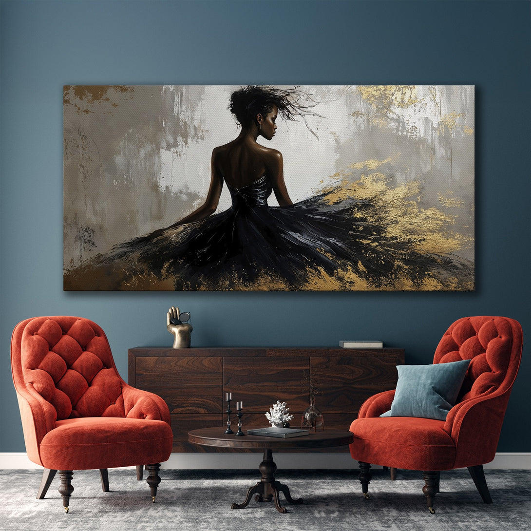 Framed Wall Art: Elegant woman in black dress, abstract style, gold and gray palette. Perfect for modern home decor. Shop now!