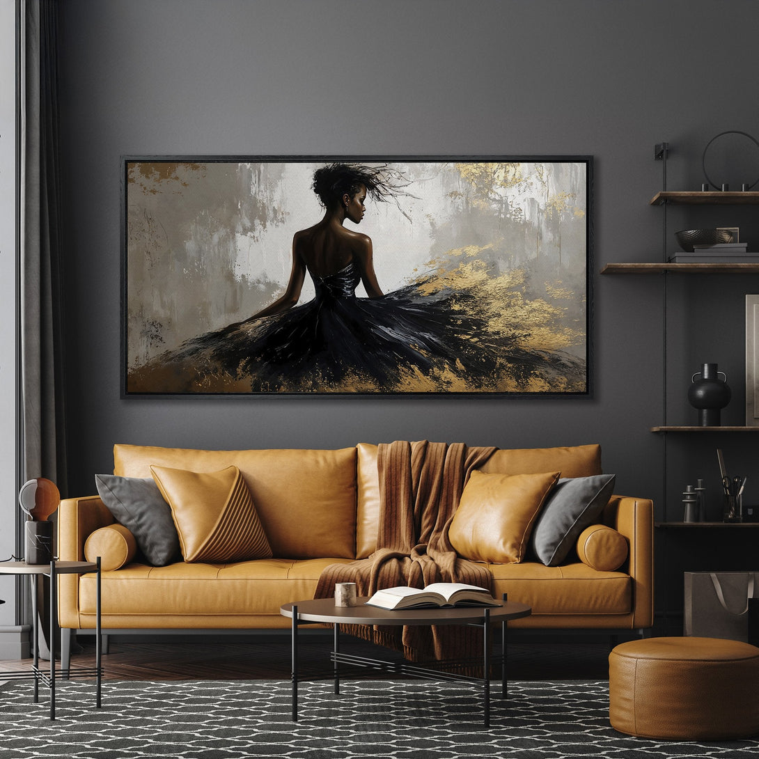 Framed Wall Art: Abstract woman in black dress with gold accents. Modern art print with a neutral, elegant color palette. Perfect for home decor.