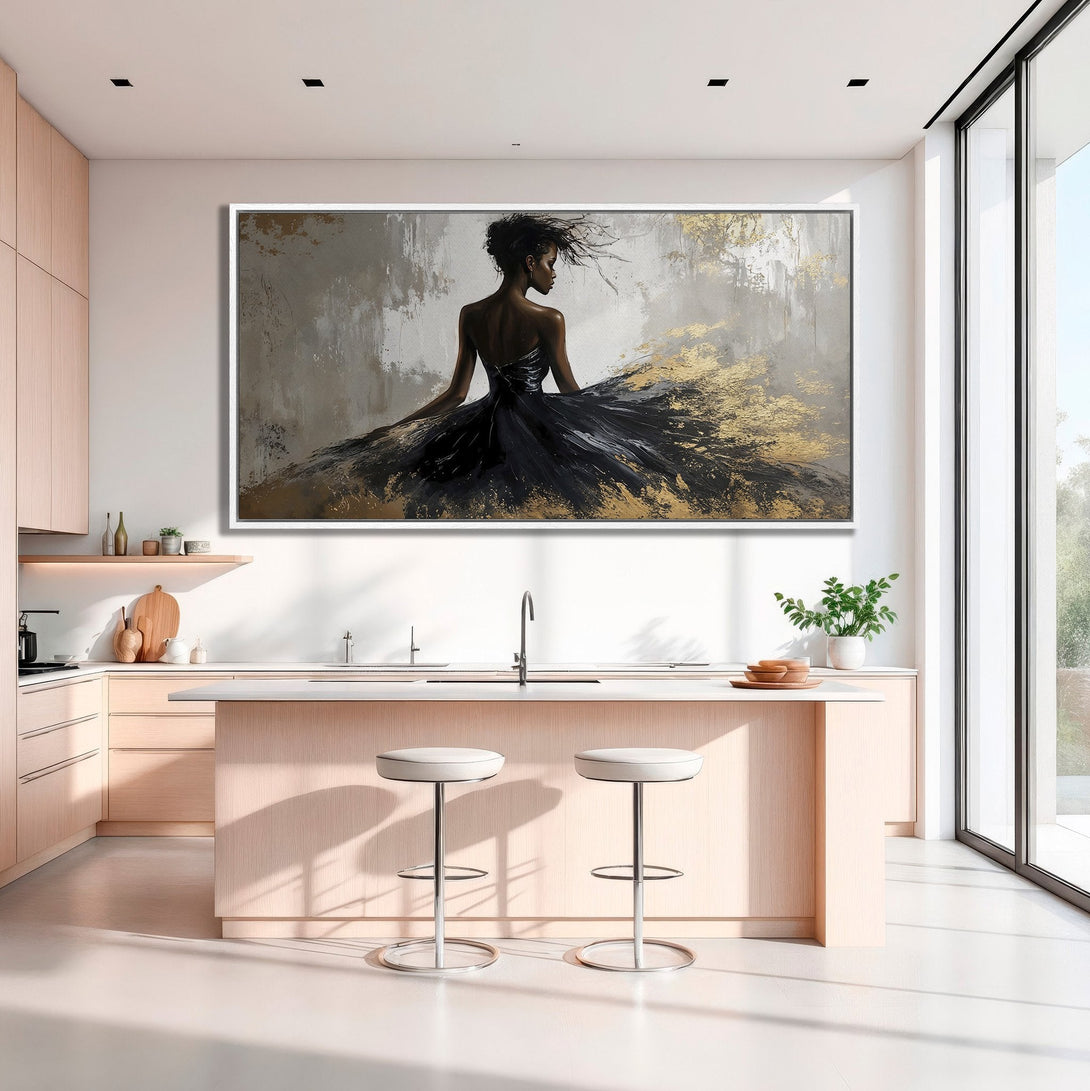 Framed Wall Art of a woman in a black dress with gold accents, displayed in a modern kitchen. Neutral color palette, elegant and stylish.
