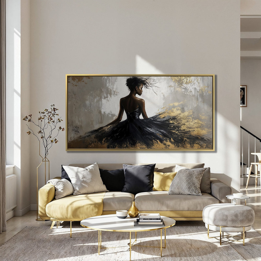 Canvas Print of elegant woman in black dress, abstract style, gold and neutral tones. Perfect wall art for any room!