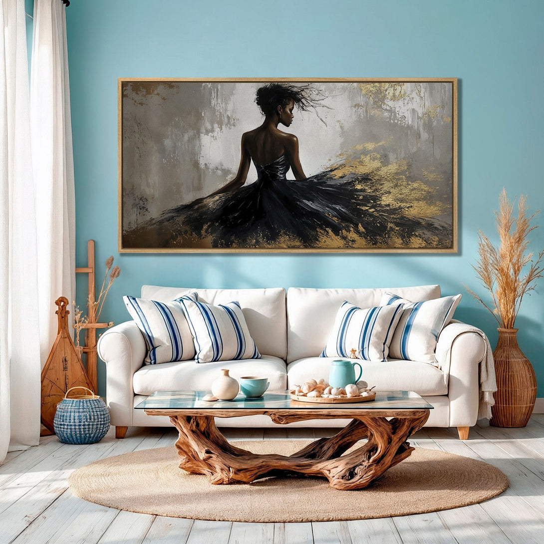 Framed Wall Art: Elegant woman in black dress, abstract style, gold & gray accents. Perfect for adding a touch of sophistication to your home decor.