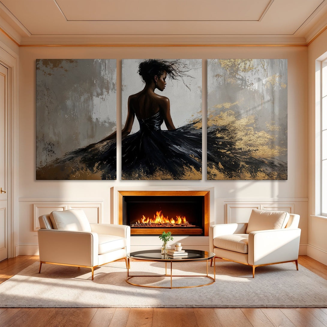 Elegant Canvas Print triptych featuring a woman in a black dress, gold accents, and abstract style. Perfect wall art for a sophisticated living room.