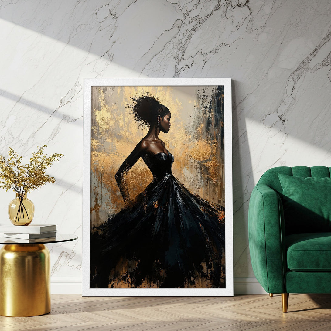 Framed Poster featuring an elegant Black woman in a black dress, abstract art style with gold and black palette. Perfect wall decor!