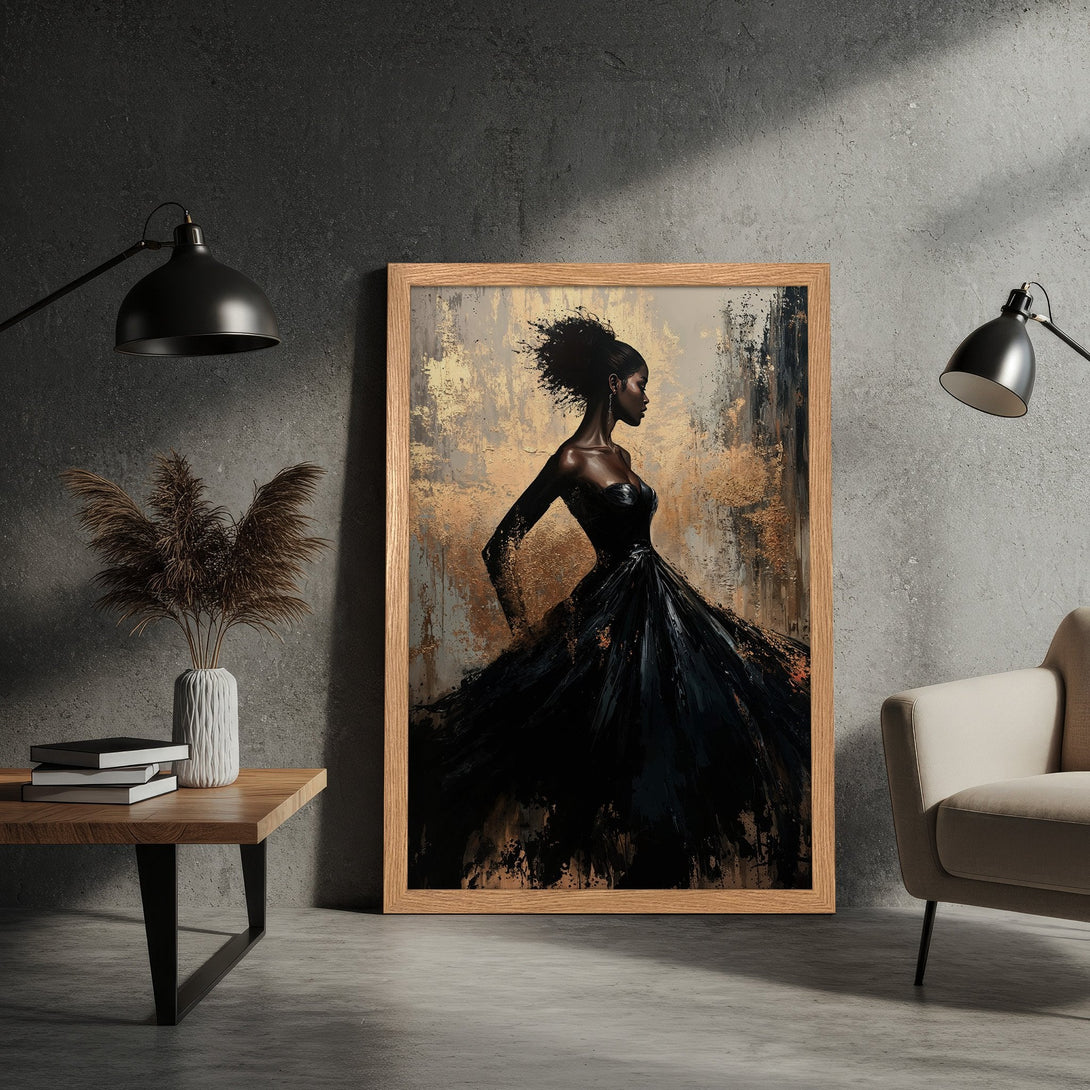 Framed Poster: Elegant woman in black dress, abstract style, gold & black color palette. Perfect wall art for your home.