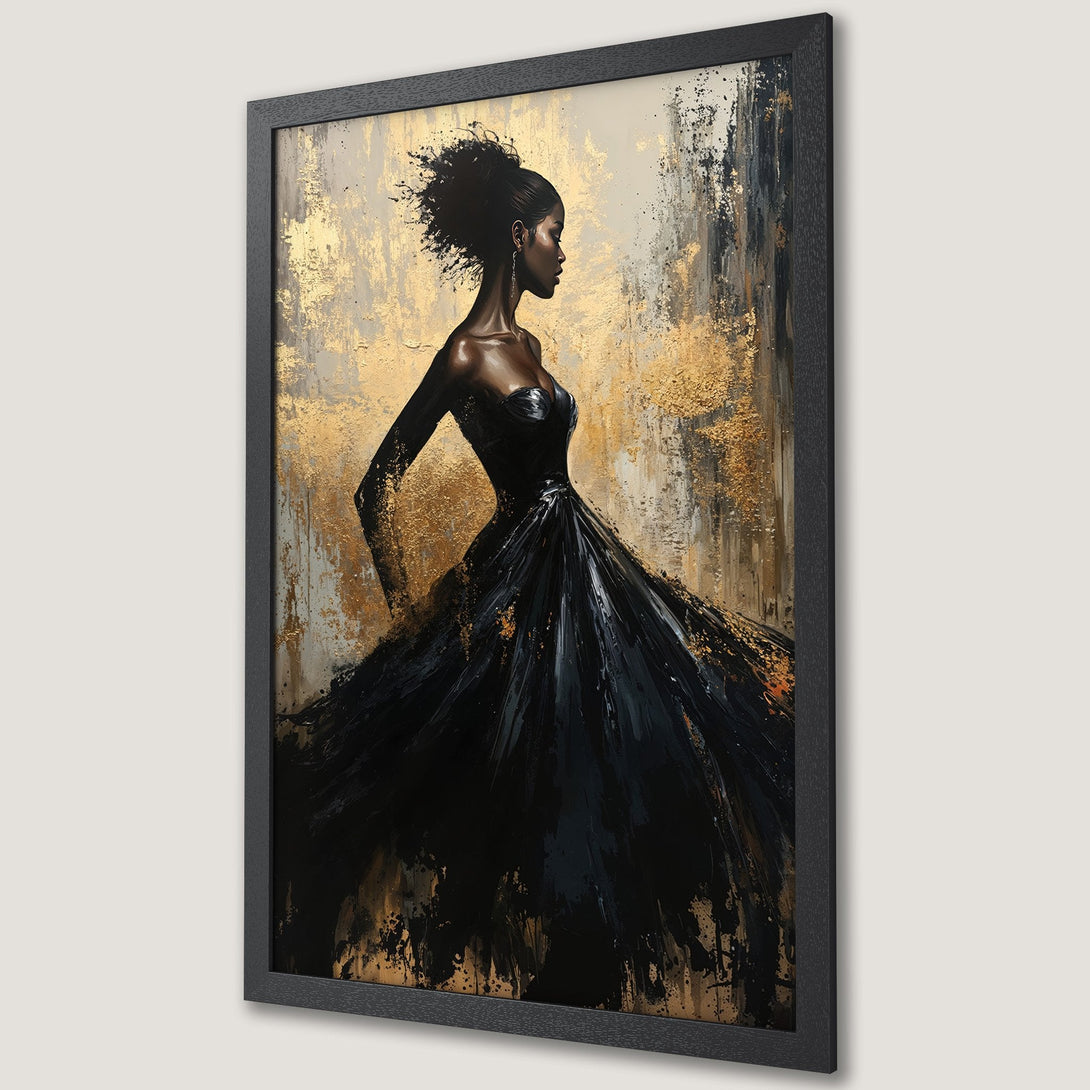 Framed Poster featuring an elegant woman in a black dress, with a gold and black abstract background. Perfect wall art for a touch of luxury.