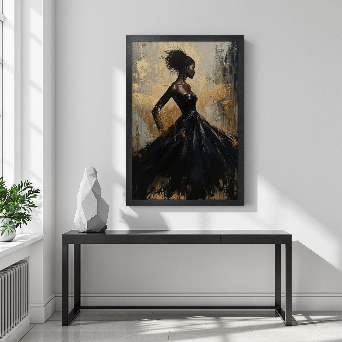 Framed Poster featuring an elegant woman in a black dress, abstract style, gold and black color palette. Perfect wall art for your home!