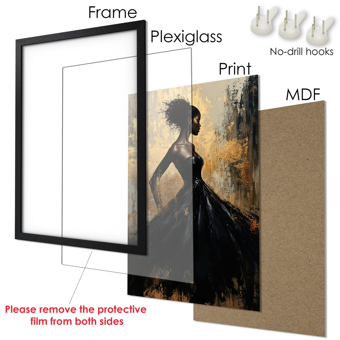 Framed Poster featuring an elegant woman in a black dress, abstract style, with a gold and neutral color palette. Perfect wall art!