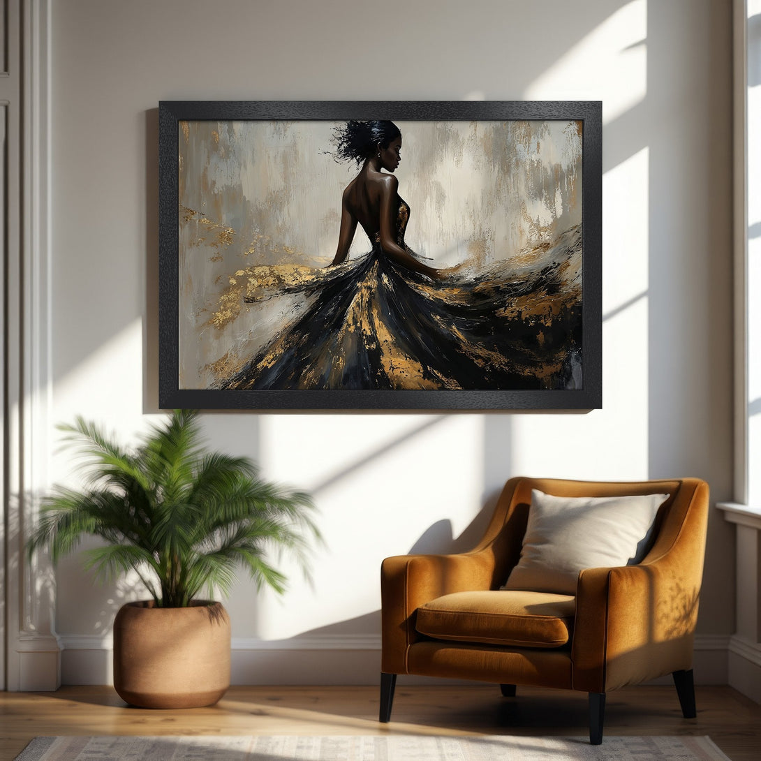 Framed Poster featuring an elegant woman in a flowing black and gold dress. Abstract art style with a neutral and gold color palette. Perfect wall decor!