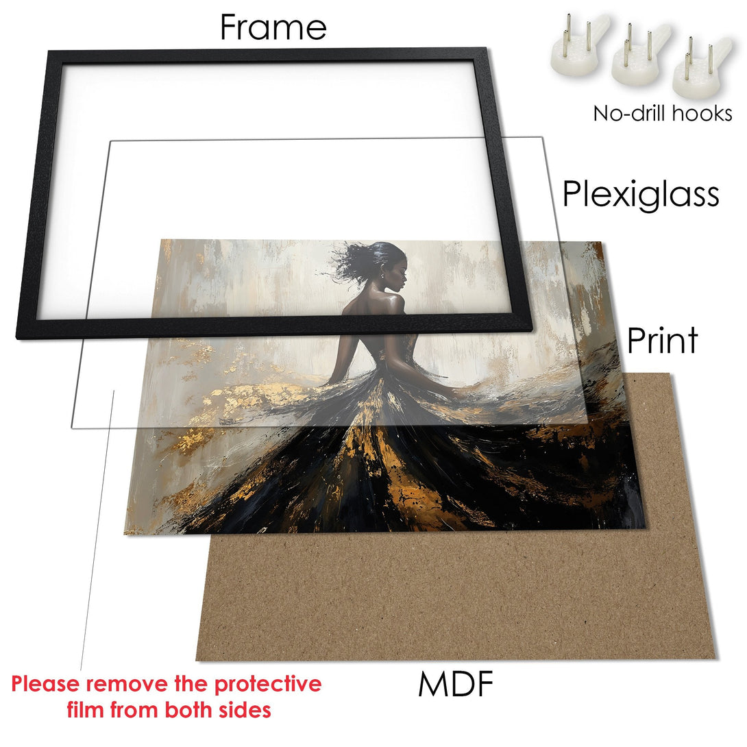 Framed Poster of an elegant woman in a black and gold dress. Abstract style with neutral and gold color palette. Ready to hang art.