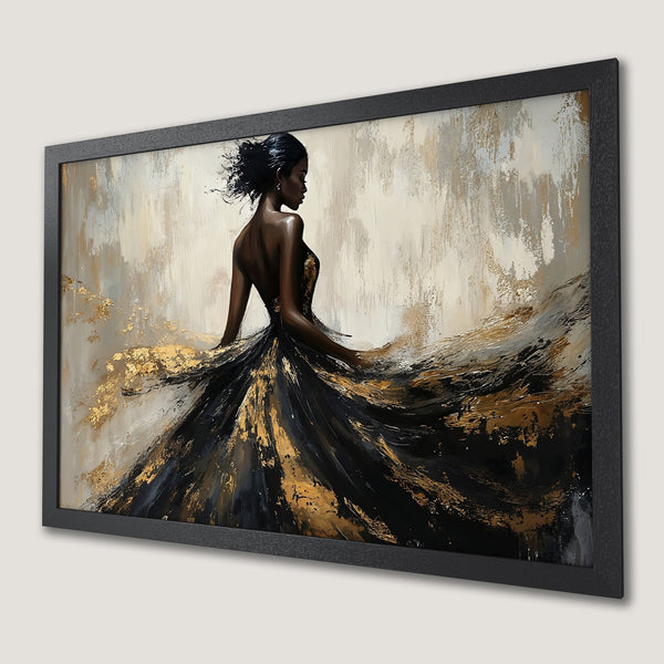 Framed Poster: Elegant woman in black and gold dress, abstract art style, neutral color palette. Enhance your decor!