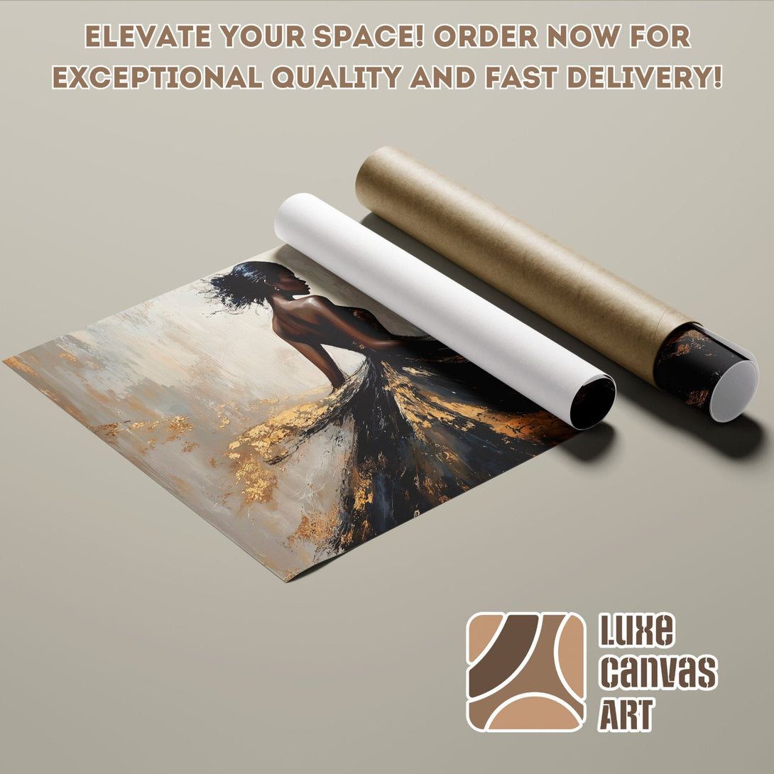 Abstract woman poster roll art, neutral tones, gold accents. Elevate your space with this stunning poster!
