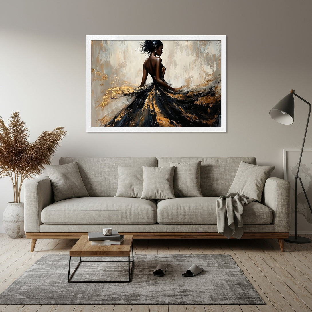 Framed Poster featuring an elegant woman in a flowing gown, abstract style, gold and black palette. Add a touch of luxury to your space!
