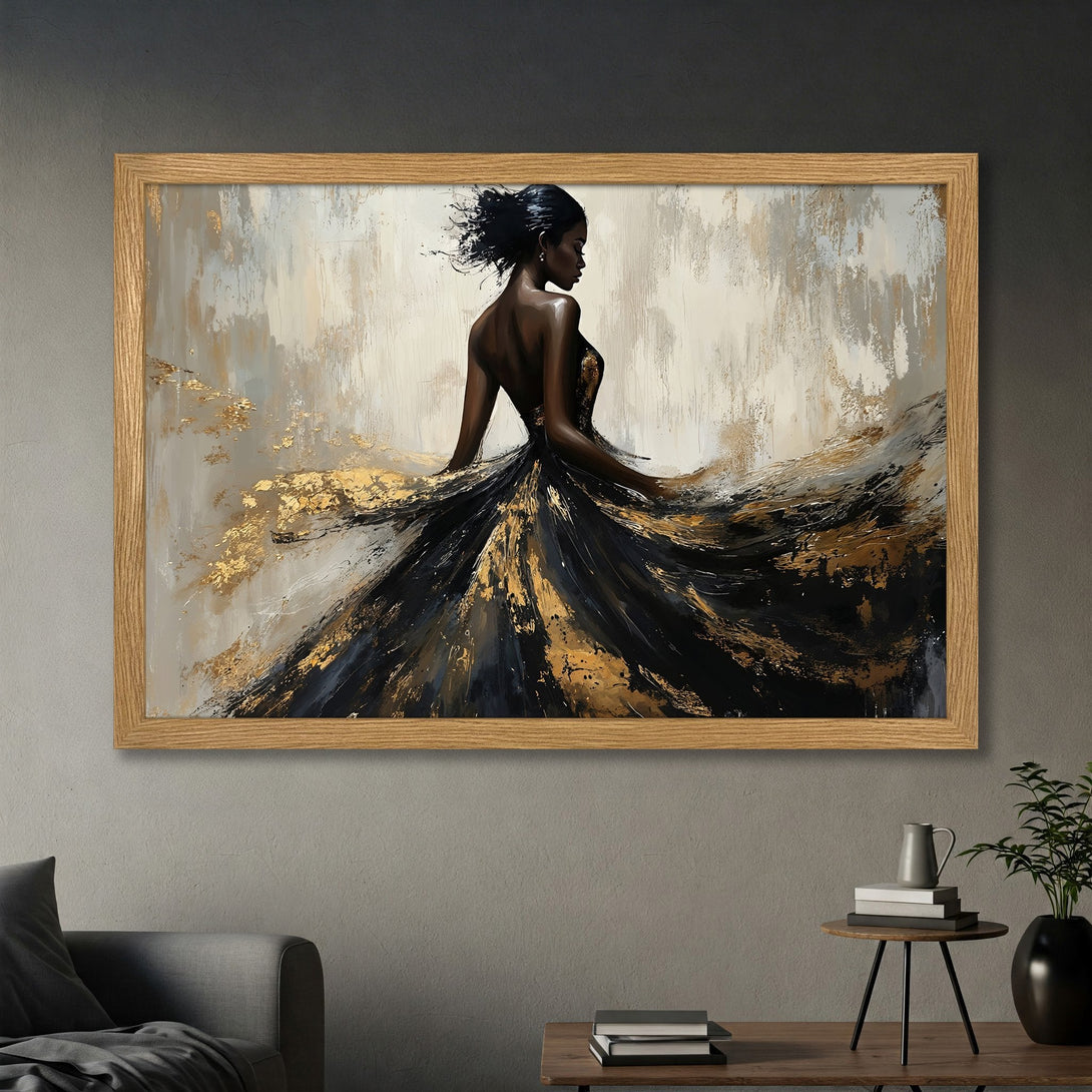 Framed Poster featuring an elegant woman in a flowing black and gold dress, abstract style, neutral and gold color palette.