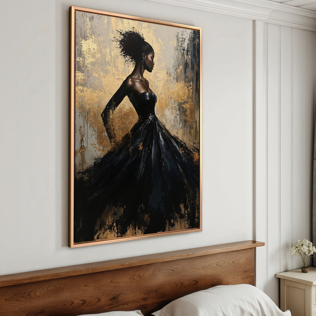 Framed Wall Art: Elegant woman in black dress, abstract style, gold & black color palette. Perfect for bedroom decor. Shop now!