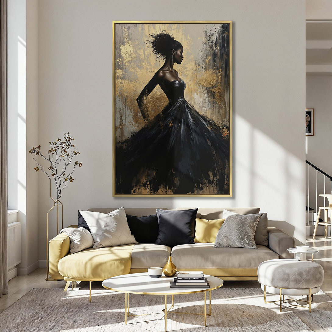 Canvas Print of elegant woman in black dress. Abstract art with gold and black tones. Adds a touch of sophistication to any space.