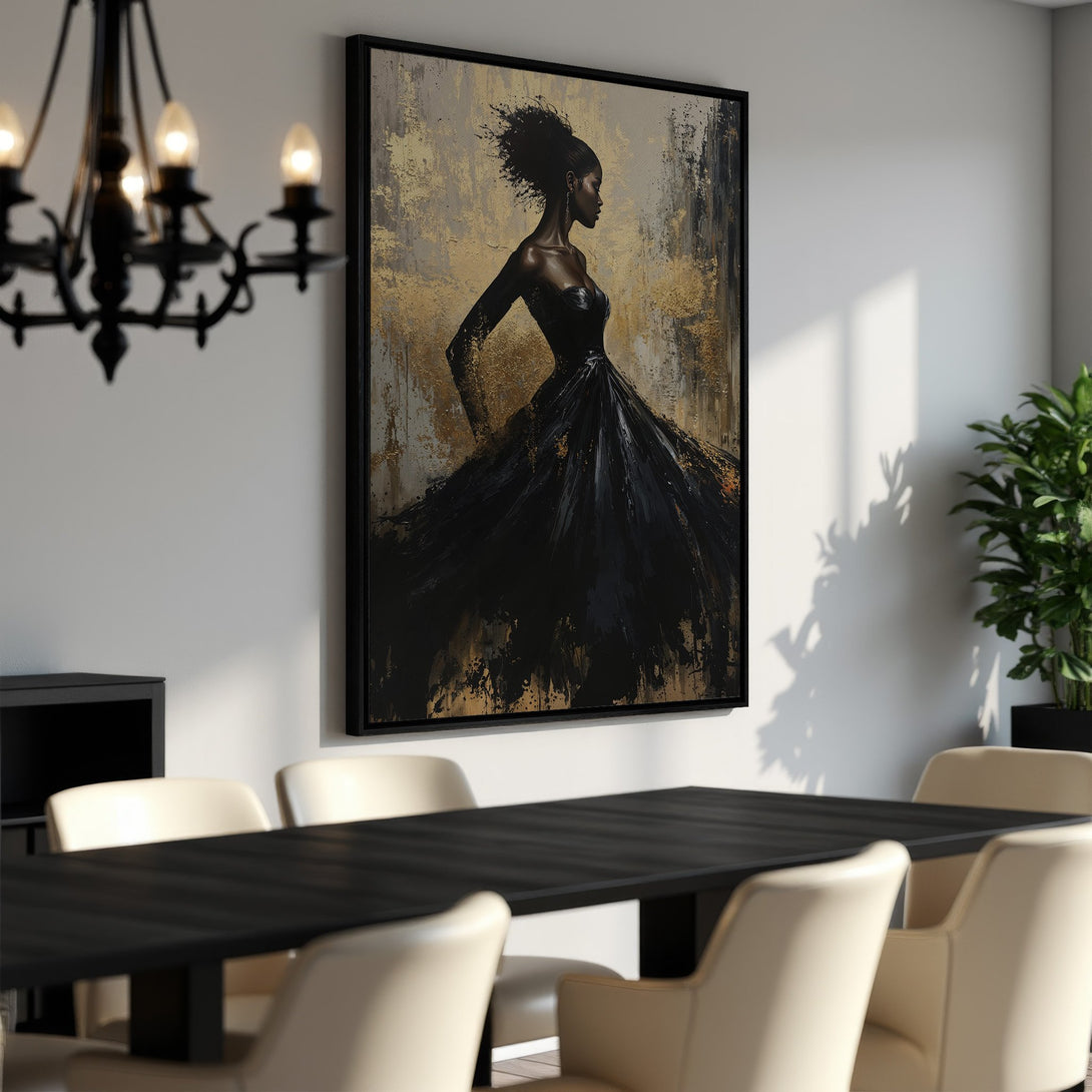 Framed Wall Art featuring an elegant woman in a black dress. Abstract style with gold and black color palette, perfect for modern interior decor.