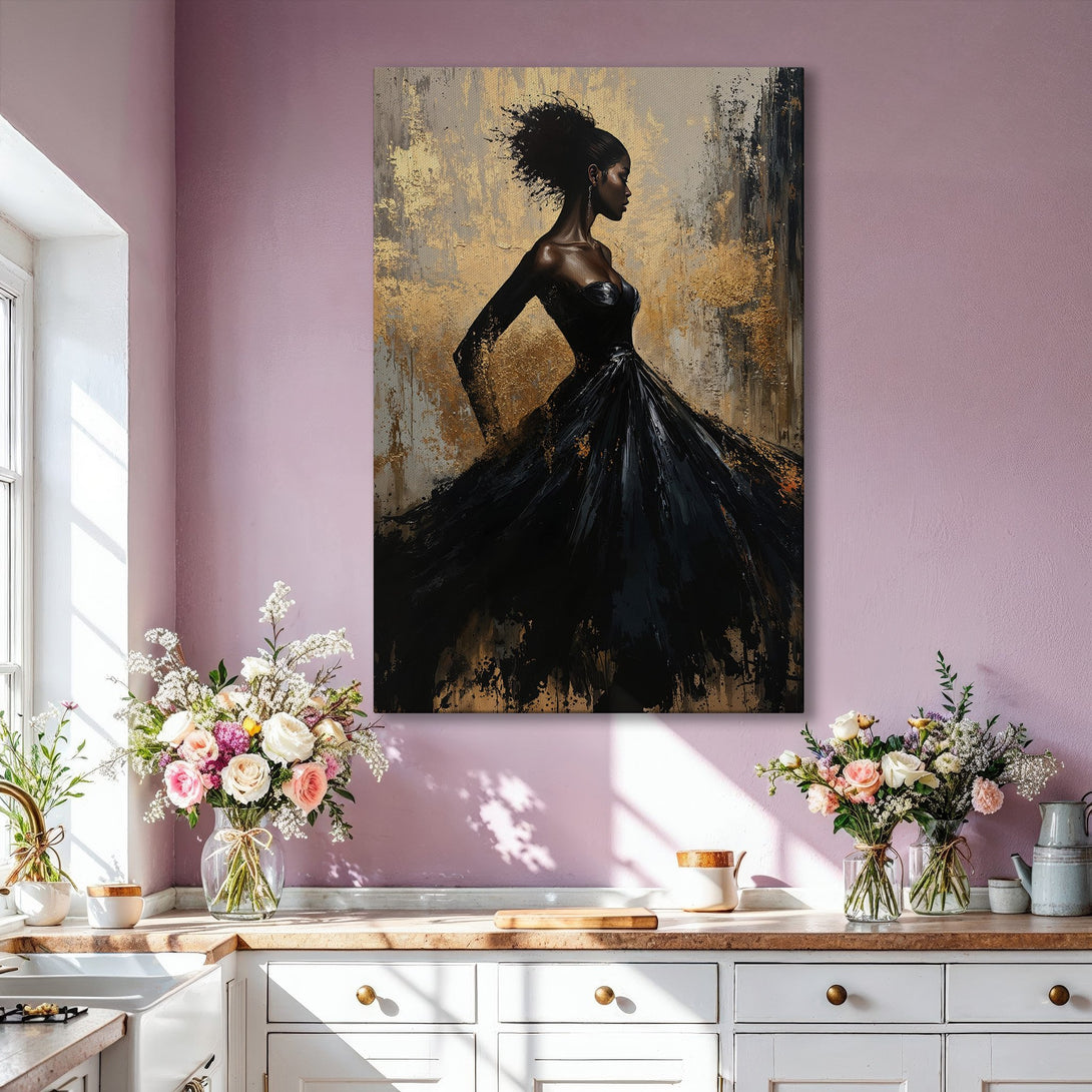 Framed Wall Art: Elegant woman in a black dress, abstract gold and black art. Adds sophistication to any space. Modern, luxurious decor.