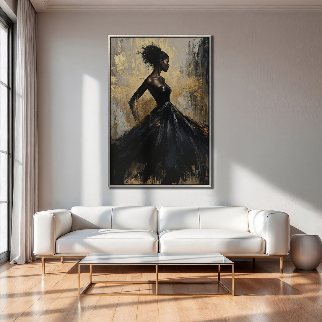Framed Wall Art featuring an elegant woman in a black dress, abstract style, with gold, black, and neutral tones. Perfect for modern decor.