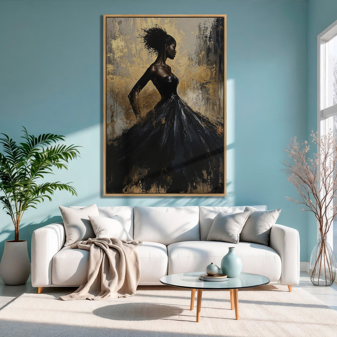 Framed Wall Art: Elegant woman in black dress, abstract style, gold & black palette, perfect for modern living room decor.